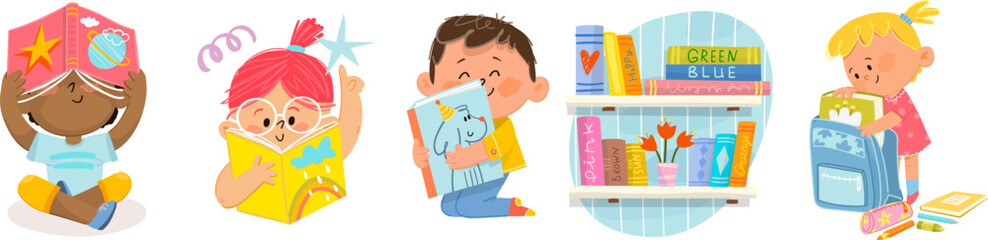 Children reading books, studying and organizing school supplies. Childhood literacy and elementary education collection. Cartoon kids characters illustrations set for children school education © Popmarleo