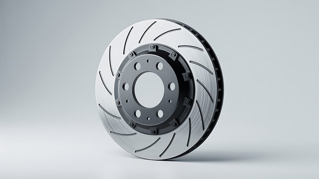 A high performance car brake disc with a ventilated surface design sits isolated against a clean white studio background to showcase the metallic texture and engineering of the automotive part.