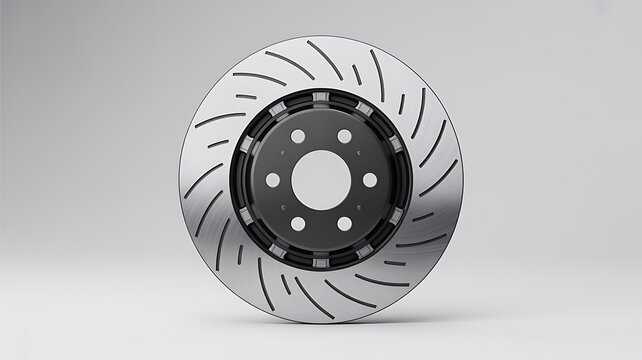 A high performance car brake disc with a ventilated surface design sits isolated against a clean white studio background to showcase the metallic texture and engineering of the automotive part.