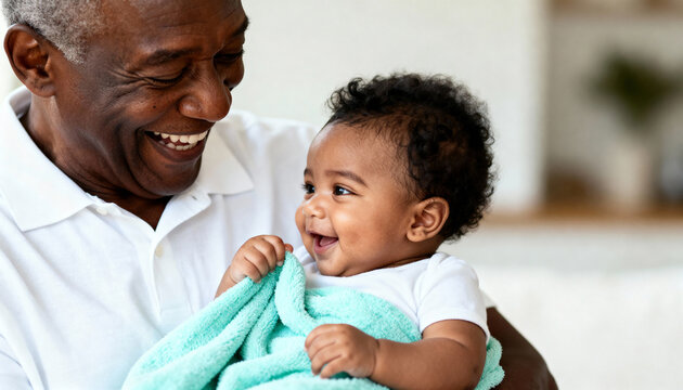 Joyful African American grandfather smiling at his cute baby grandchild. A close-up portrait showing a happy family bond and intergenerational love