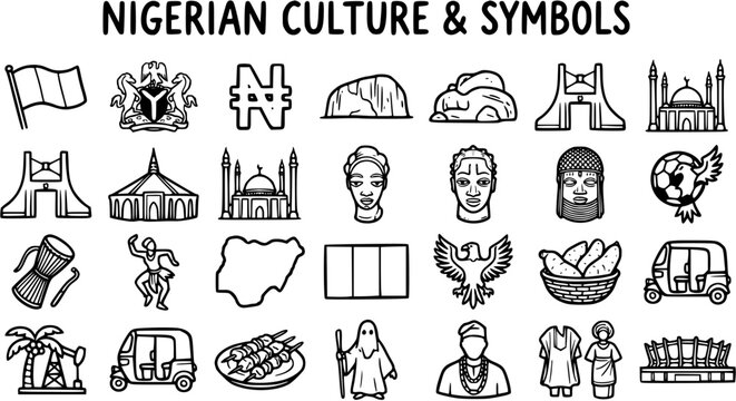 Nigerian Culture Symbols Black and White Line Art Icon Set. Outline Doodles of African Heritage, Landmarks, Food, and Traditional Elements.