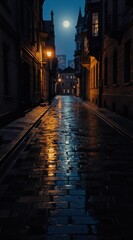Fototapeta premium Moonlit narrow cobblestone street with wet reflections. Old buildings line the dark alleyway with glowing windows and a distant city skyline.