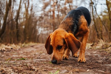 Fototapeta premium Curious Beagle Sniffing Along Nature Trail