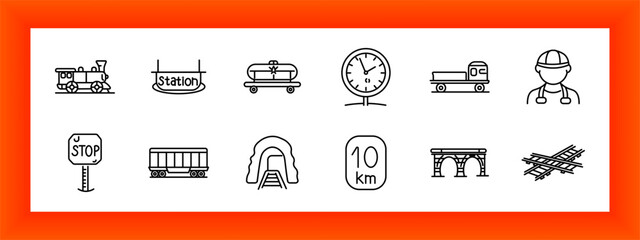 Railway transport set icon. Train engine, station sign, cargo wagon, clock time, freight truck, worker helmet, stop sign, rail wagon, tunnel entrance, distance sign, bridge arch © Anastasia
