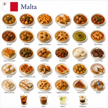  En la imagen se muestran los platos m&aacute;s famosos de la cocina maltesa como fenek, pastizzi, timpana y kannoli.

