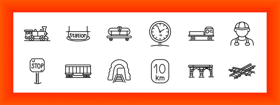 Railway transport set icon. Train engine, station sign, cargo wagon, clock time, freight truck, worker helmet, stop sign, rail wagon, tunnel entrance, distance sign, bridge arch