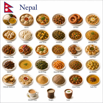  En la imagen se presentan los platos m&aacute;s famosos de la cocina nepalesa como momo, dal bhat, sel roti y thukpa.
