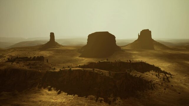 isolated stone towers under hazy light, parched terrain, scattered scrub, warm sepia tones, distant ridgelines and atmosphere of quiet endurance
