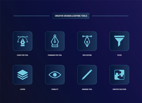 Modern Neon Outline Design and Image Editing Icons for Dark Mode UI and Software
