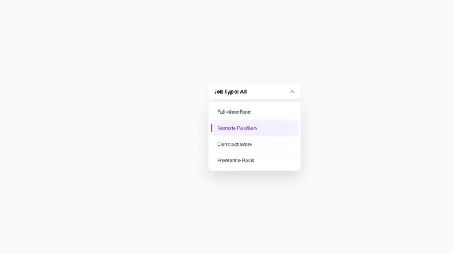 Job Type Filter Dropdown Menu UI Component with Animated Selection of Remote Position Option on White Background Motion Graphic