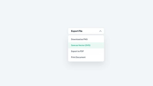 Export File Dropdown Menu UI Component with Animated Selection of Save as Vector SVG Option on White Background Motion Graphic