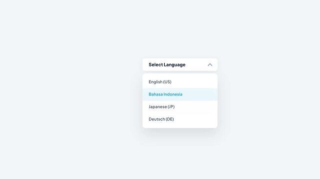 Select Language Dropdown Menu UI Component with Animated Selection of Bahasa Indonesia Option on White Background Motion Graphic