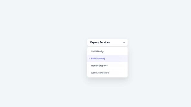 Explore Services Dropdown Menu UI Component with Animated Selection of Brand Identity Option on White Background Motion Graphic