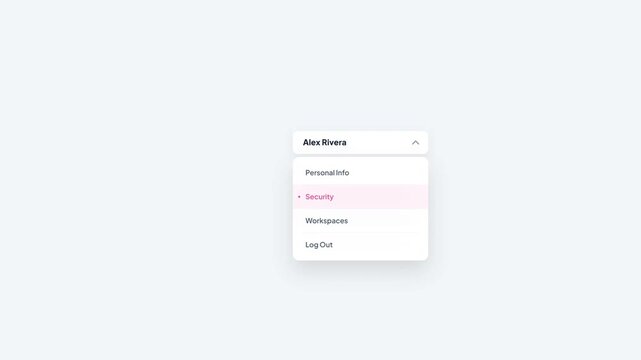 User Profile Settings Dropdown Menu UI Component with Animated Selection of Security Option on White Background Motion Graphic