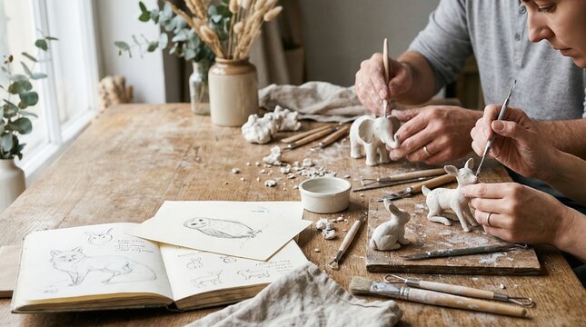 Couple sculpting clay animal figurines at a wooden table. Man and woman making handmade crafts using tools and a reference sketchbook. Creative hobby and artisan workshop concept
