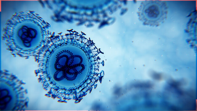 Microscopic 3D render of virus cells structure with visible genetic material. Scientific illustration of a pathogen or respiratory virus under electron microscope.