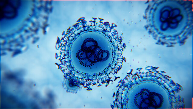 Microscopic 3D render of virus cells structure with visible genetic material. Scientific illustration of a pathogen or respiratory virus under electron microscope.
