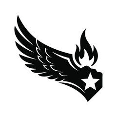 Naklejka premium Black wing silhouette with a flame and a white star on a white background