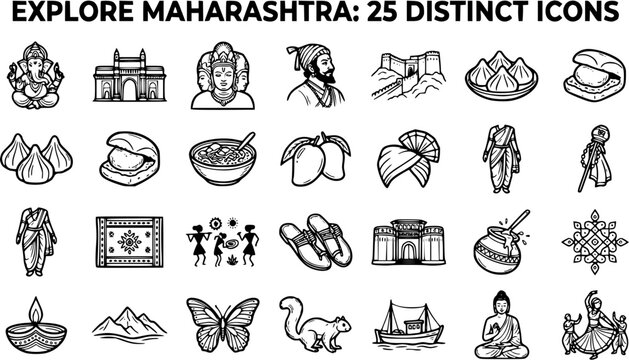 Maharashtra Culture and Tourism Icons Set: Black and White Line Art Illustrations of Indian Heritage, Food, Festivals, and Landmarks