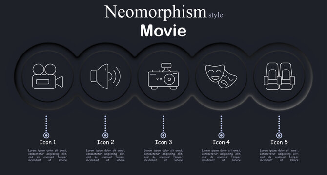 Movie set icon. Neomorphic dark interface circles with line symbols of video camera recorder, audio speaker sound, cinema projector device, theater masks drama comedy