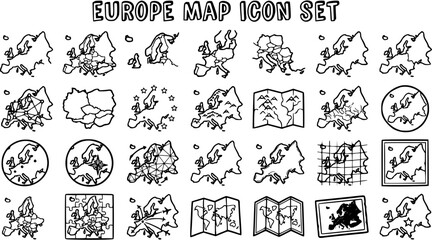 Hand Drawn Black  White Line Art Europe Map Icon Set for Geography, Travel, and Education  Continent Outline Vector Doodles Collection © victoria