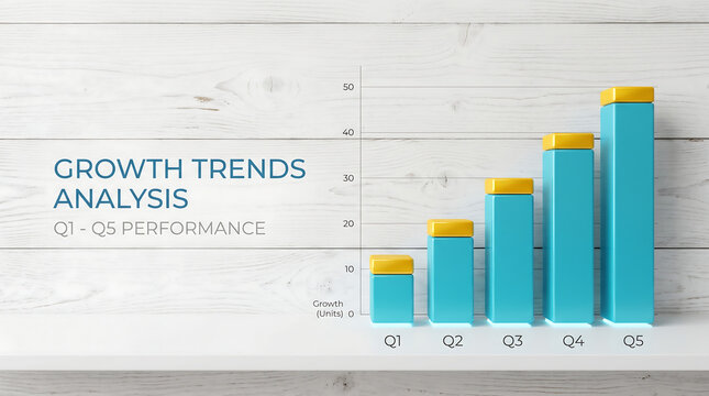 Business growth trends analysis, Q1-Q5 performance bar chart, financial report graph, corporate data visualization