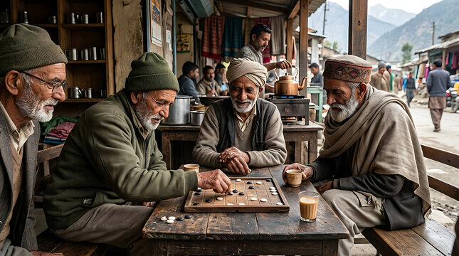 Elderly men playing a board game at an outdoor cafe in a village