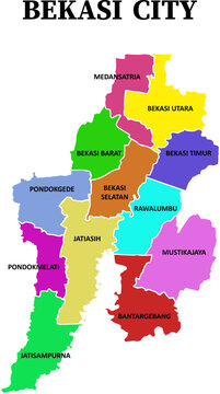 Illustration of Bekasi Map with distinct color for each region and white boundary lines