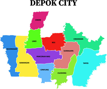 Illustration of Depok Map with distinct color for each region and white boundary lines