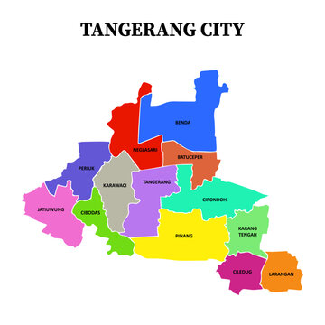 Illustration of Tangerang Map with distinct color for each region and white boundary lines