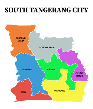 Illustration of South Tangerang Map with distinct color for each region and white boundary lines