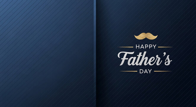 Dark blue background with a diagonal stripe pattern and a golden mustache icon, celebrating Father's Day with elegant typography, symbolizing paternal appreciation
