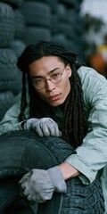 Fototapeta premium Young mechanic with dreadlocks and glasses leaning on tire stack in garage for automotive poster and workshop background