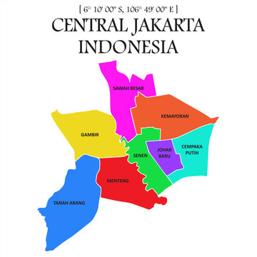 Illustrations of Central Jakarta Map with distinct color in each region and white boundary lines