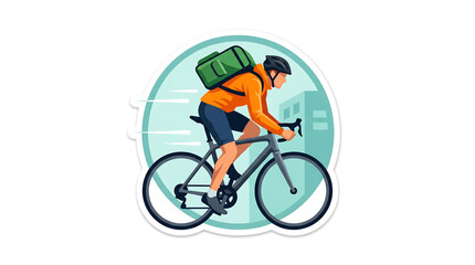 Obraz premium Cyclist courier on a bicycle delivering a package with a large backpack, representing fast and efficient delivery services