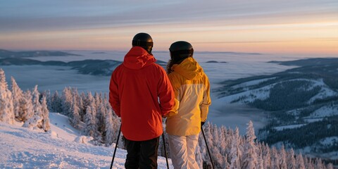 Obraz premium Two skiers in colorful jackets on a snowy overlook at sunrise with a foggy valley for winter travel poster and outdoor adventure background