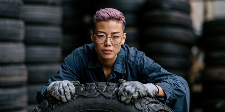 Frontal portrait of an automotive worker leaning on a tire with gloves and glasses in a tire shop for industrial poster and service banner design