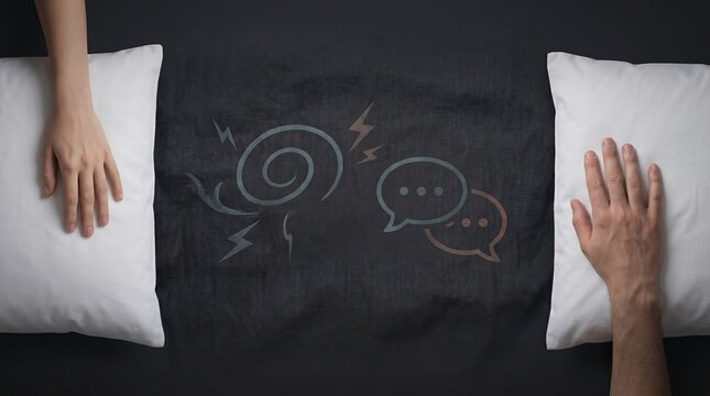 Couple in bed with speech bubbles and swirl symbol on black sheet