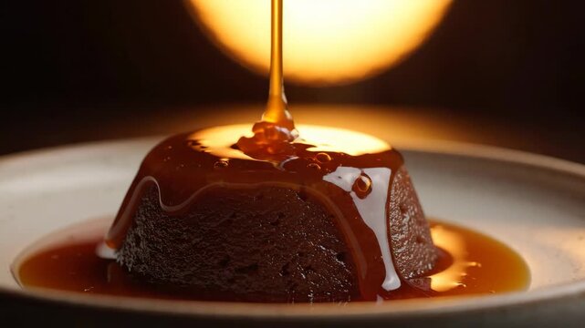 Sticky toffee pudding with caramel sauce pouring over dessert for food and culinary content