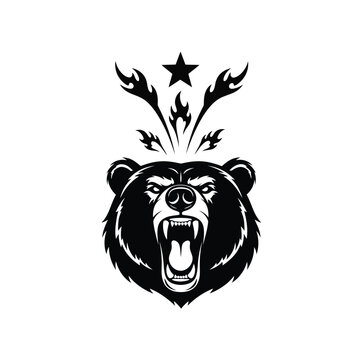 Aggressive roaring bear head silhouette with flames and a star above on white background
