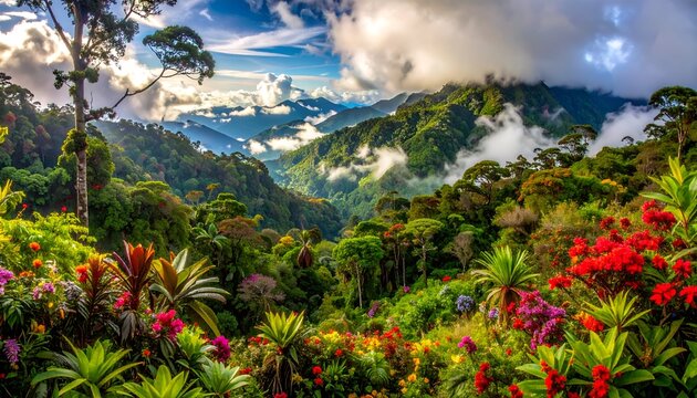 Serene tropical landscape photography capturing a lush green mountain valley covered in thick morning mist.