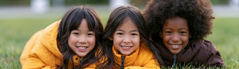 Obraz premium Happy children in yellow jackets lying on grass outdoor family portrait background for banner website and school design