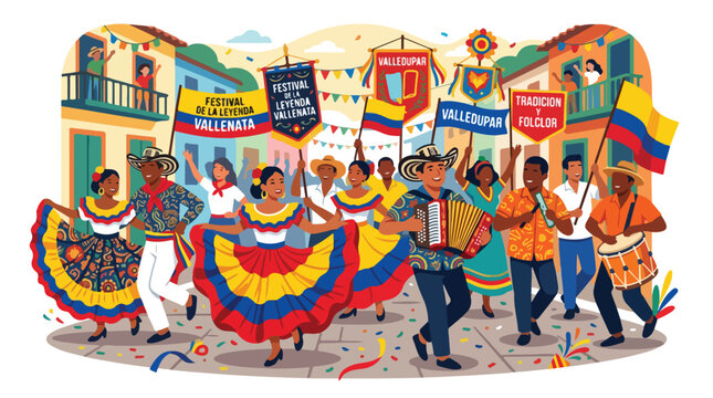 Colorful illustration of the Vallenato Legend Festival in Valledupar Colombia featuring traditional dancers in polleras and musicians playing accordion and drums