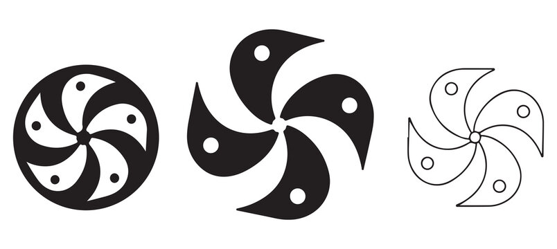 Three variations of basque lauburu cross symbols featuring solid black and outlined geometric curved shapes on transparent background