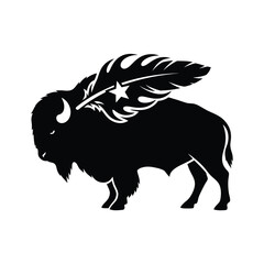 Obraz premium Black silhouette of a standing american bison with a feather and star symbol on a white background
