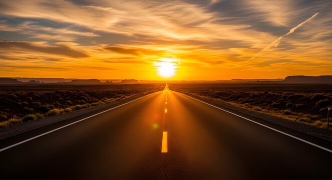 Golden hour embrace on an endless desert highway, guiding light towards new horizons and boundless adventures, a serene path into the vast unknown