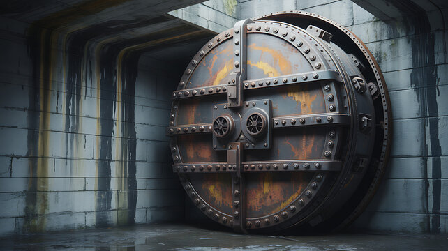 Massive rusty metal blast door secured within a dark concrete bunker entrance