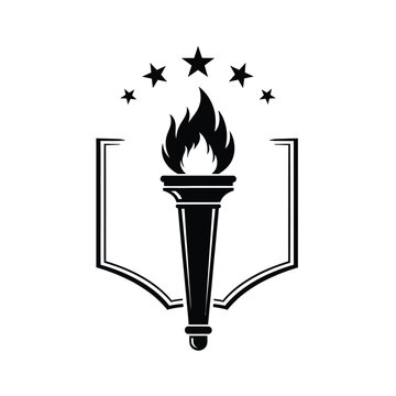 Torch flame with five stars above and shield outline on a white background