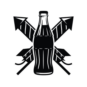 Glass soda bottle centered between two crossed fireworks rockets on white background