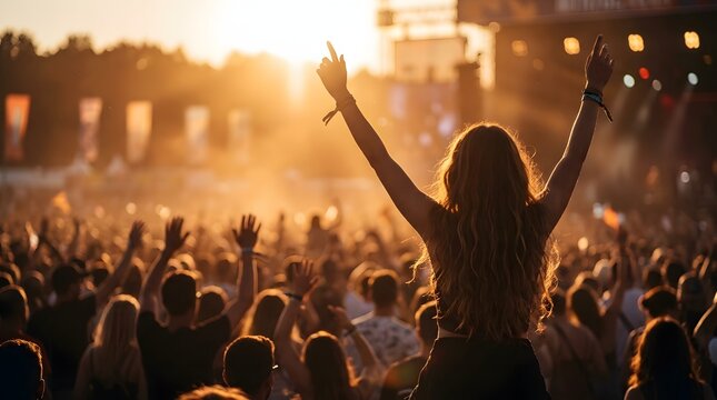 Energetic crowd enjoying a live music festival at sunset with hands raised in the air in celebration and excitement